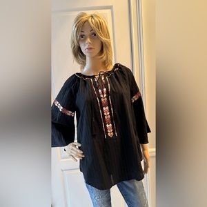 Wild Majesty Black Boho Flare Sleeve Tunic Embroidered Women’s Top Size Large